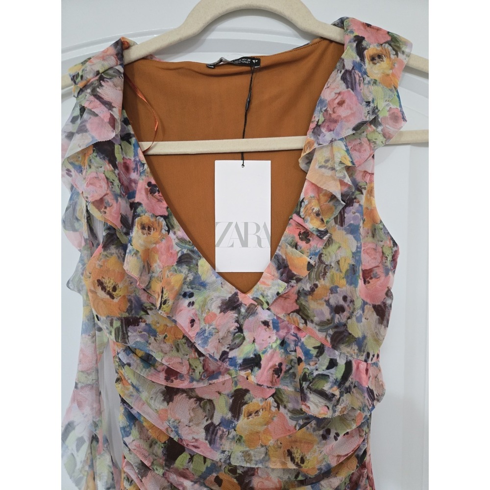 Zara Multicolor Floral V-neck Mesh Ruffle Sleeveless Dress Size S NWT - Picture 5 of 9